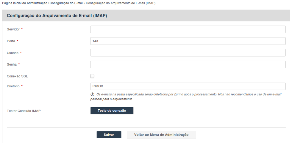 Configuração do Arquivamento de E-mail (IMAP)