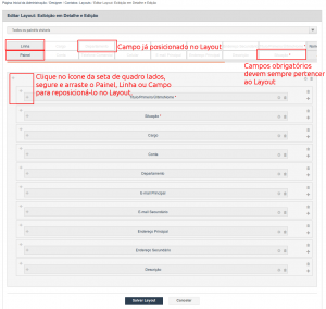 Detalhes do layout de Exibição de Detalhes e Edição do módulo de Contatos da ferramenta de Designer