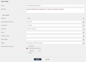 Criando uma nova tarefa no projeto de implantação do CRM