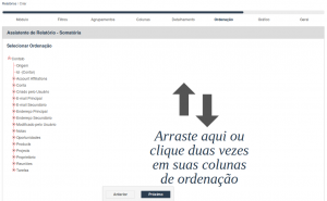 Assistente de Relatórios exibindo a etapa de ordenação vazia