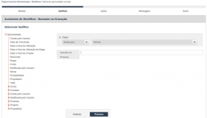 Assistente para criação de Workflow - Selecionar gatilhos