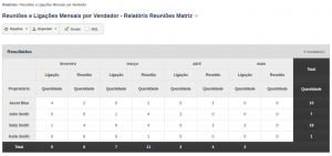 Relatorio de Reuniões e Ligações Mensais por Vendedor
