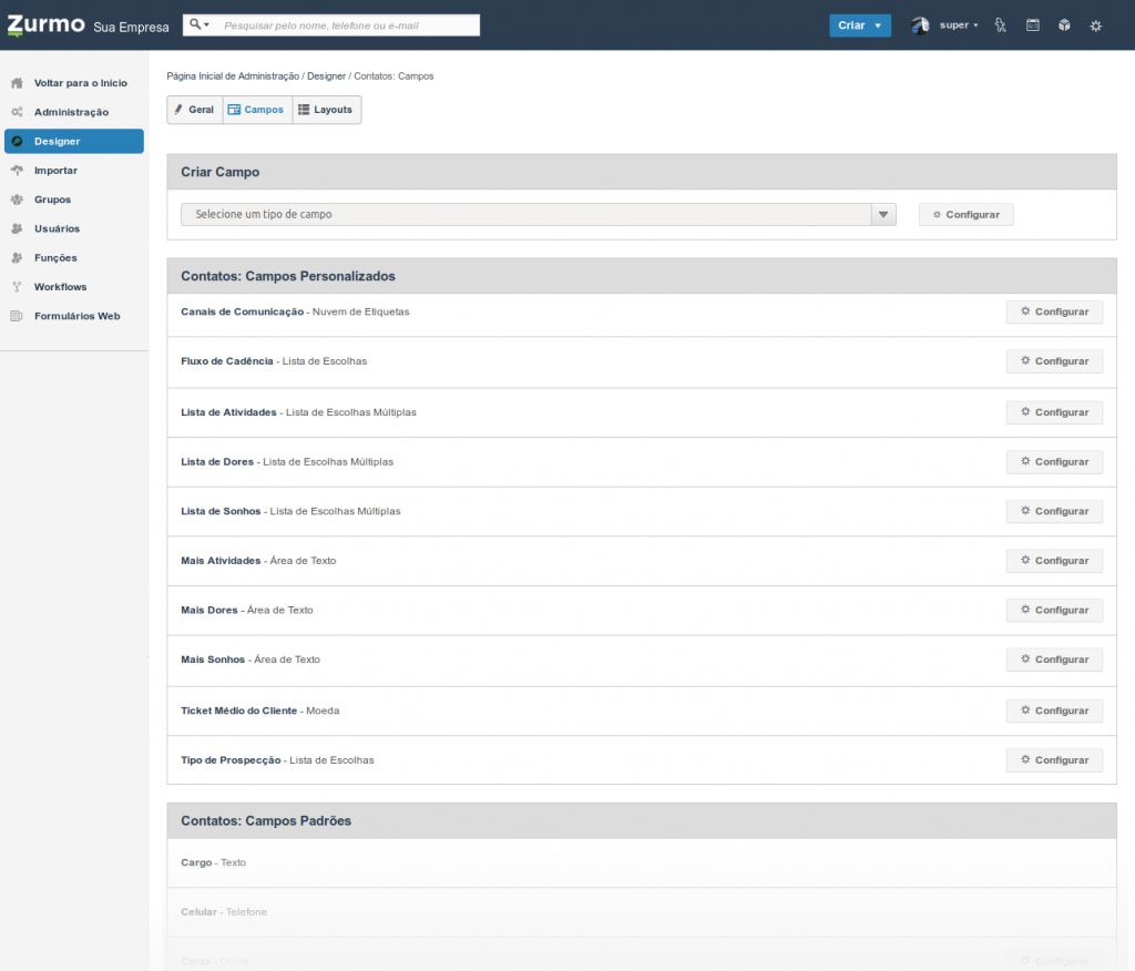 Criação dos campos personalizados para o Kanban Prospect através do Painel de Designer do Inovatize Zurmo CRM