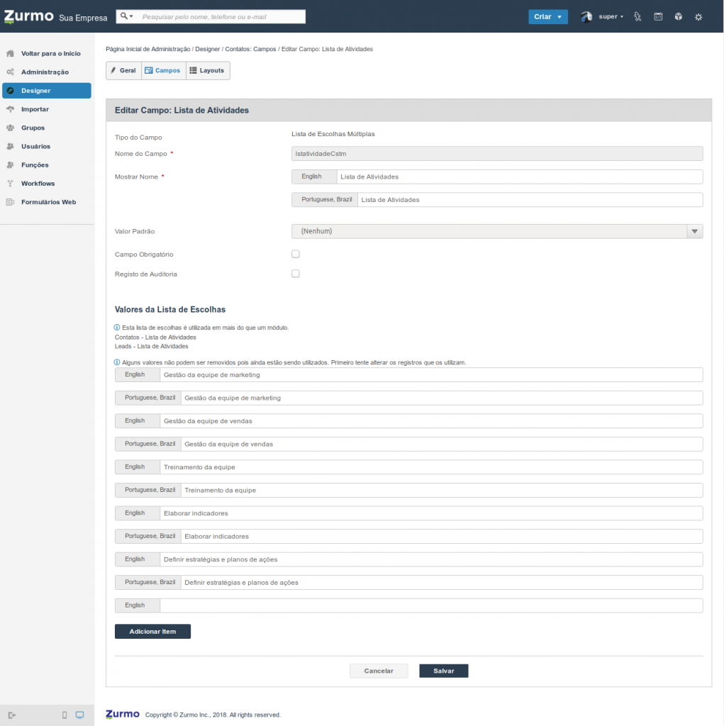 Criação do campo Lista de Atividades do Kanban Prospect no Inovatize Zurmo CRM