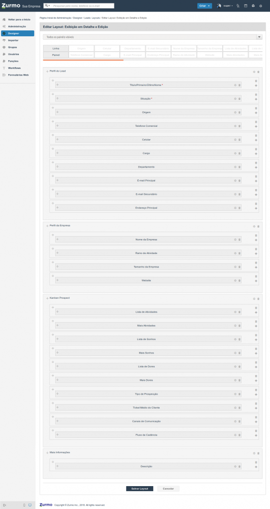 Personalização do layout Exibição em Detalhes e Edição para Leads com os campos do Kanban Prospect