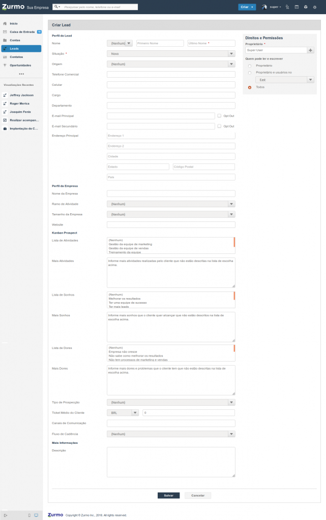 Criação de um novo Lead com a apresentação dos campos referente ao Kanban Prospect