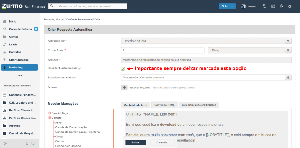 Preenchimento dos campos para criação da resposta automática do fluxo de cadência no Inovatize Zurmo CRM