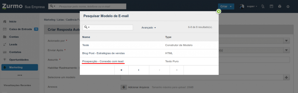 Seleção de um modelo de e-mail previamente criado para ser utilizado no fluxo de cadência