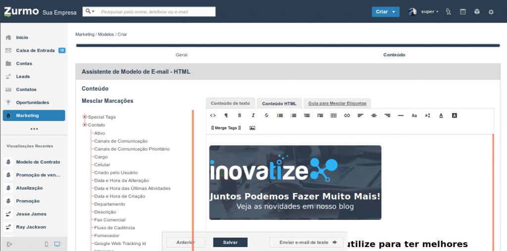 Conteúdo HTML do modelo de e-mail no Inovatize Zurmo CRM