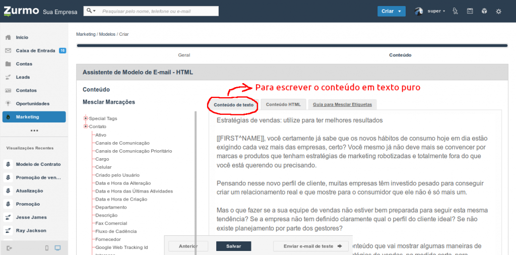 Elaboração do conteúdo em texto para o modelo de e-mail HTML no Inovatize Zurmo CRM