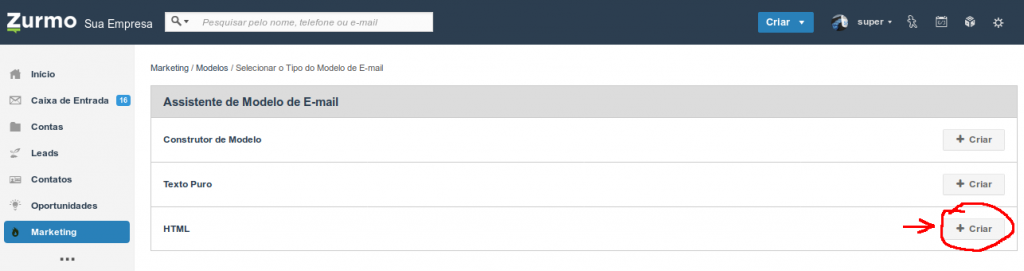 Escolha do tipo de e-mail HTML para criação do modelo no Inovatize Zurmo CRM