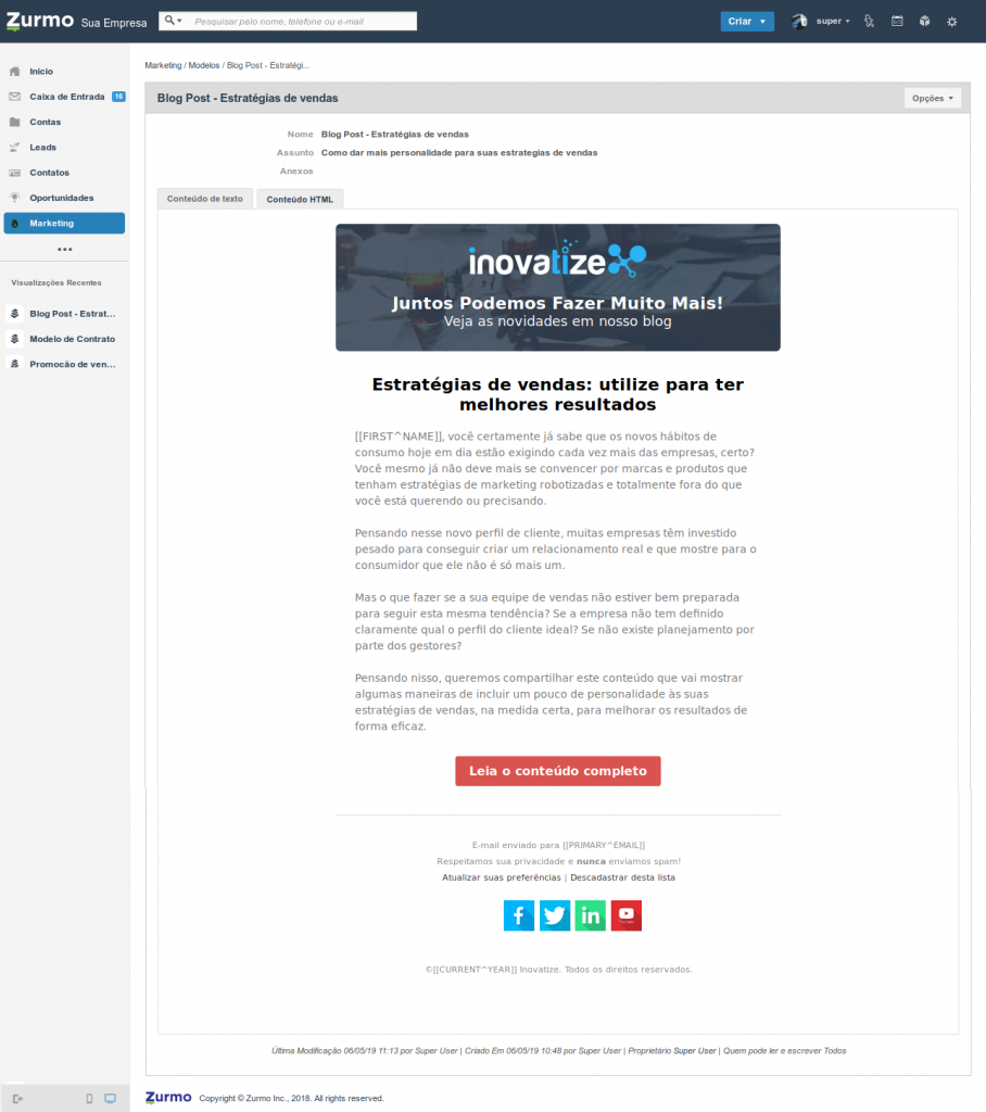 Modelo final do e-mal em HTML criado no Inovatize Zurmo CRM