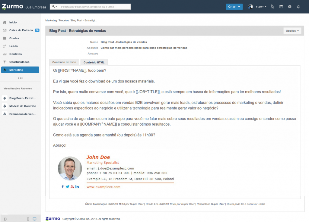 Modelo de e-mail HTML para prospecção de novos clientes no Inovatize Zurmo CRM