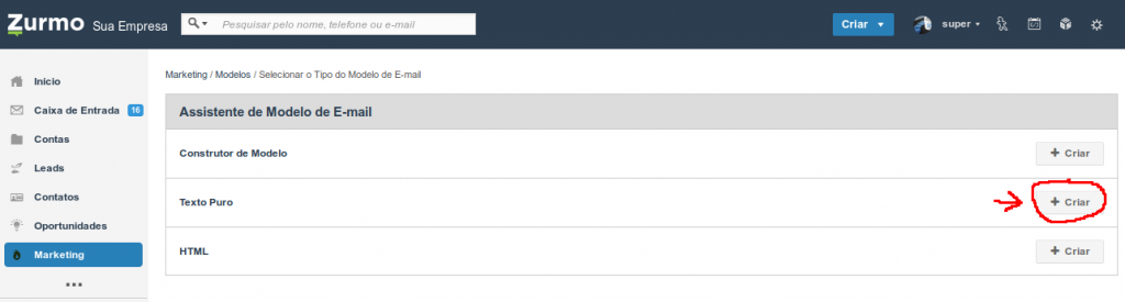 Selecionar o tipo Texto Puro para o modelo de e-mail de prospecção no Inovatize Zurmo CRM