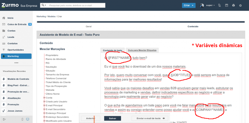 Elaboração do conteúdo do modelo de e-mail com variáveis dinâmica das informações dos Leads e Contatos armazenadas no Inovatize Zurmo CRM