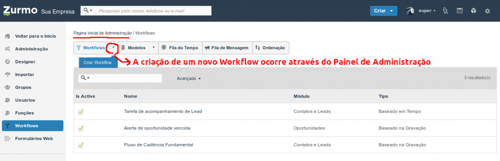 Criação de um novo workflow no Inovatize Zurmo CRM